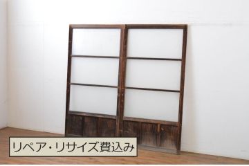 アンティーク建具　経年によって増した味わいが魅力的な横桟ガラス戸2枚セット(引き戸)(R-064613)