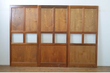 ビンテージ建具　美品!!　落ち着いた和の空間を演出するガラス帯戸3枚セット(ガラス戸、板戸、引き戸、ヴィンテージ)(R-064614)