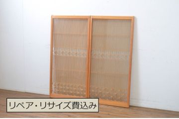 ビンテージ建具　両面ガラス　組子入の大ぶりな書院ガラス戸2枚セット(窓、書院戸、引き戸、ヴィンテージ)(R-064629)
