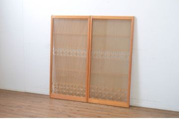 ビンテージ建具　両面ガラス　組子入の大ぶりな書院ガラス戸2枚セット(窓、書院戸、引き戸、ヴィンテージ)(R-064629)