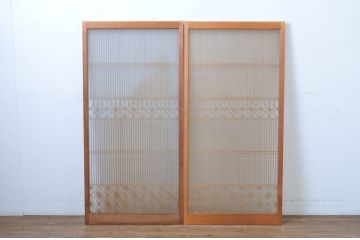 ビンテージ建具　両面ガラス　組子入の大ぶりな書院ガラス戸2枚セット(窓、書院戸、引き戸、ヴィンテージ)(R-064629)
