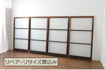 アンティーク建具　古い木味のシンプルなガラス戸4枚セット(引き戸)(R-064638)
