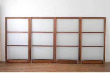 アンティーク建具　古い木味のシンプルなガラス戸4枚セット(引き戸)(R-064638)