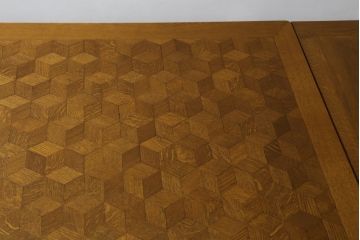 イギリスアンティーク　オーク材　パーケット天板がお洒落なドローリーフテーブル(エクステンションテーブル、ダイニングテーブル、4人掛け、6人掛け、8人掛け、食卓)(R-064660)