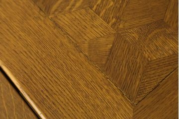 イギリスアンティーク　オーク材　パーケット天板がお洒落なドローリーフテーブル(エクステンションテーブル、ダイニングテーブル、4人掛け、6人掛け、8人掛け、食卓)(R-064660)
