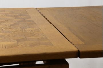 イギリスアンティーク　オーク材　パーケット天板がお洒落なドローリーフテーブル(エクステンションテーブル、ダイニングテーブル、4人掛け、6人掛け、8人掛け、食卓)(R-064660)
