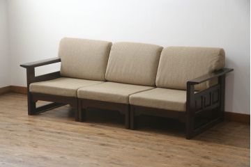 中古　北海道民芸家具　セパレートスタイル　シックな木製フレームの3人掛けソファ(三人掛けソファ、トリプルソファ、アームソファ、ヴィンテージ)(R-064669)