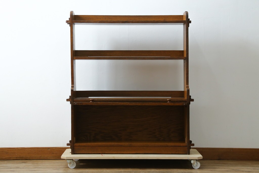 和製アンティーク　栓材　くっきりとした杢目が目を惹く珍しいデザインの扉付きクサビ本棚　(R-064671)