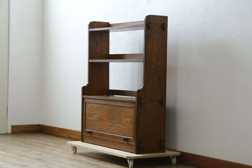 和製アンティーク　栓材　くっきりとした杢目が目を惹く珍しいデザインの扉付きクサビ本棚　(R-064671)