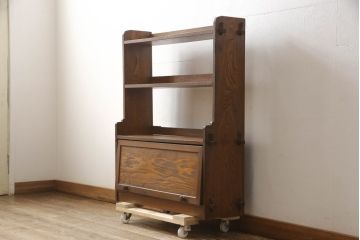 和製アンティーク　栓材　くっきりとした杢目が目を惹く珍しいデザインの扉付きクサビ本棚(ブックシェルフ、書棚、収納棚、オープンラック、飾り棚、楔、くさび)(R-064671)