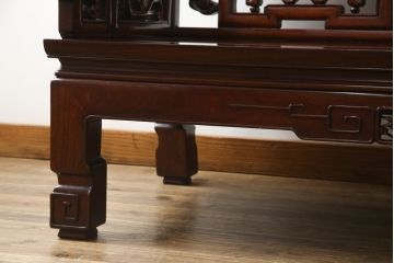 アジアンビンテージ　高級品!!　凝ったデザインの彫刻が魅力の唐木材製ベンチ(長椅子、長イス、花梨材、カリン材、板座チェア、3人掛けベンチ、ヴィンテージ)(R-064738)