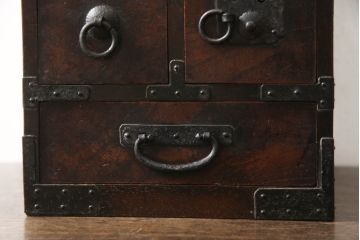 和製アンティーク　総欅(ケヤキ)材　経年を感じる質感が味わい深い硯箱(小引出し、小物入れ、掛け硯、小物収納)(R-064854)