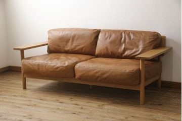 中古　IDEE(イデー)　DIMANCHE SOFA(C3)Leather(ディモンシュソファ)　本革(フルグレインレザー)　使い込まれた味わいが魅力的な2.5人掛けソファ(3人掛けソファ、2人掛けソファ)(定価約35万円)(R-064864)