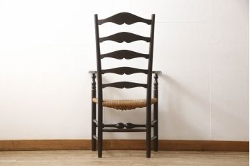 和製ビンテージ　松本民芸家具　クラシカルな佇まいのラダーハイバックチェア(アームチェア、ラッシチェア、ダイニングチェア、椅子、イス、ヴィンテージ)(定価約20万円)(R-064891)