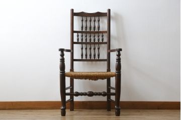 和製ビンテージ　松本民芸家具　#21型　ラッシ座面がお洒落なスピンドルアームチェア(椅子、イス、ダイニングチェア、ヴィンテージ)(定価約22万円)(R-064892)