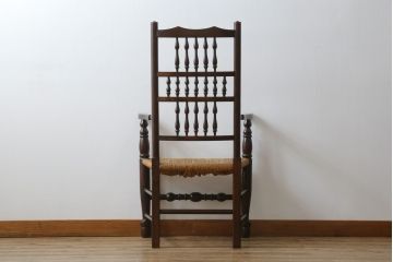 和製ビンテージ　松本民芸家具　#21型　ラッシ座面がお洒落なスピンドルアームチェア(椅子、イス、ダイニングチェア、ヴィンテージ)(定価約22万円)(R-064892)