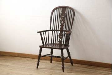 和製ビンテージ　松本民芸家具　#44A型　シックな色合いとクラシカルな佇まいが魅力のウィンザーチェア(ウインザーチェア、アームチェア、板座チェア、ダイニングチェア、椅子、イス、ヴィンテージ)(定価約20万円)(R-064893)