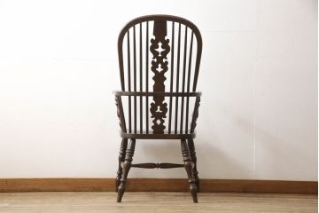 和製ビンテージ　松本民芸家具　#44A型　シックな色合いとクラシカルな佇まいが魅力のウィンザーチェア(ウインザーチェア、アームチェア、板座チェア、ダイニングチェア、椅子、イス、ヴィンテージ)(定価約20万円)(R-064893)