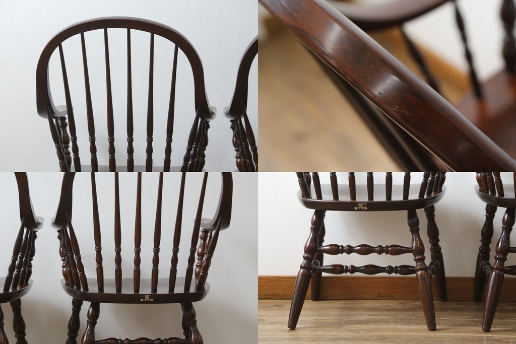 和製ビンテージ　ビーチ材　柏木工　凝った装飾が魅力的なウィンザーチェア2脚セット　(R-064898)