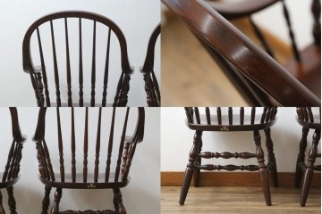 和製ビンテージ　ビーチ材　柏木工　凝った装飾が魅力的なウィンザーチェア2脚セット　(R-064898)