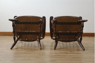 和製ビンテージ　ビーチ材　柏木工　凝った装飾が魅力的なウィンザーチェア2脚セット(ウインザーチェア、アームチェア、かしわ木工、KASHIWA、スピンドルバック、椅子、ヴィンテージ、バラ売り可能)(R-064899)