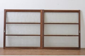 アンティーク建具　どこか懐かしい雰囲気香る横桟のガラス窓2枚セット(引き戸、ガラス戸)(R-064983)