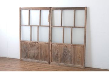 アンティーク建具　趣ある木味が魅力のガラス窓2枚セット(引き戸、ガラス戸)(R-064986)