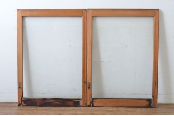 ビンテージ建具　シンプルでどんなお部屋にも合わせやすい大判ガラスの窓2枚セット(引き戸、ガラス戸、ヴィンテージ)(R-065019)
