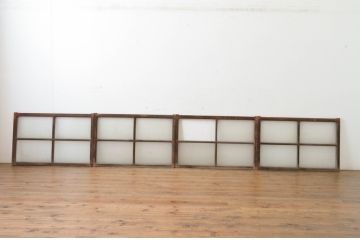 アンティーク建具　古い木味のガラス窓4枚セット(ガラス戸、引き戸)(R-065036)