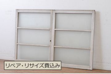 アンティーク建具　ペイント仕上げ限定　ペンキの剥げた横桟ガラス窓2枚セット(引き戸、ガラス戸)(R-065037)