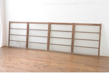 アンティーク建具　古い木味のシンプルな横桟のガラス窓4枚セット(引き戸、ガラス戸)(R-065041)
