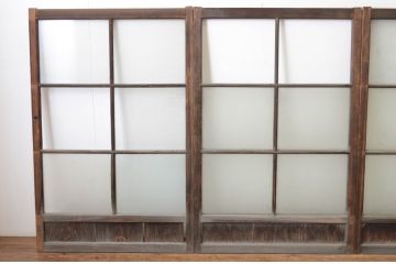 アンティーク建具　古い木味の腰板付きガラス窓4枚セット(ガラス戸、引き戸)(R-065043)