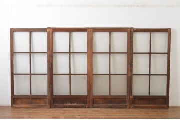 アンティーク建具　古い木味の腰板付き幅狭ガラス窓4枚セット(ガラス戸、引き戸)(R-065046)