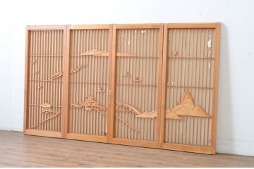 ビンテージ建具　経年を感じさせる古い木味の味わいが魅力の書院戸4枚セット(障子戸、窓、引き戸、ヴィンテージ)(R-065048)