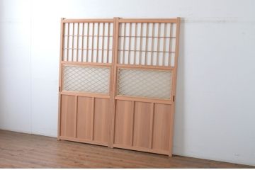 新古未使用品　昭和後期　ガラス入りの組子帯戸2枚セット(ガラス帯戸、板戸、引き戸、建具、組子、障子戸)(R-065061)