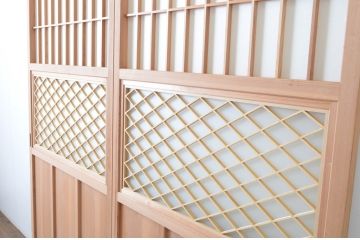 新古未使用品　昭和後期　ガラス入りの組子帯戸2枚セット(ガラス帯戸、板戸、引き戸、建具、組子、障子戸)(R-065061)