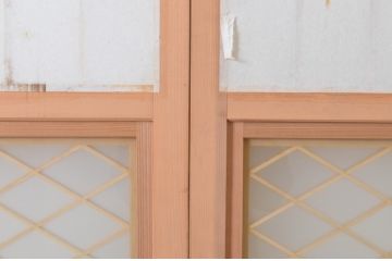 新古未使用品　昭和後期　ガラス入りの組子帯戸2枚セット(ガラス帯戸、板戸、引き戸、建具、組子、障子戸)(R-065061)