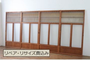 アンティーク建具　お洒落な組子格子が目を引くガラス戸4枚セット(引き戸、建具)(R-065067)