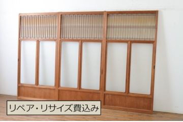 アンティーク建具　お洒落な組子格子が目を引くガラス戸3枚セット(引き戸、建具)(R-065068)