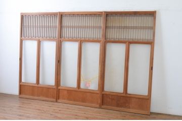 アンティーク建具　お洒落な組子格子が目を引くガラス戸3枚セット(引き戸、建具)(R-065069)