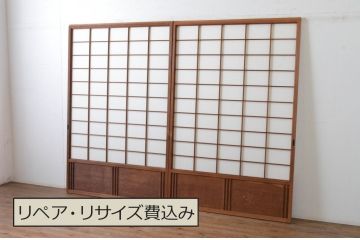 アンティーク建具　上手物!!　腰板杉材笹木の幅広高級　障子戸2枚セット(引き戸)(R-065073)