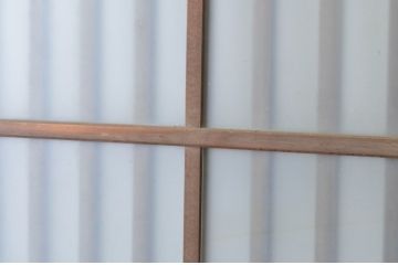 和製アンティーク　高級品!　ヒノキ材　格子入りの玄関引き戸2枚セット(ガラス戸、格子戸、玄関戸、建具)(R-065078)