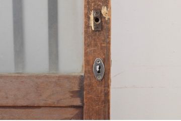 和製アンティーク　高級品!　ヒノキ材　格子入りの玄関引き戸2枚セット(ガラス戸、格子戸、玄関戸、建具)(R-065078)