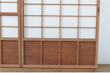 アンティーク　上手物　腰板笹木で縦格子付き!古い木味の雪見障子戸4枚セット(猫間障子戸、建具、、擦り上げ障子戸、擦上障子戸、引き戸)(R-065086)