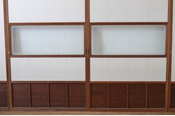 アンティーク　上手物　腰板笹木で縦格子付き!古い木味の雪見障子戸4枚セット(猫間障子戸、建具、、擦り上げ障子戸、擦上障子戸、引き戸)(R-065086)