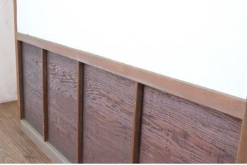 アンティーク　上手物　腰板笹木で縦格子付き!古い木味の雪見障子戸4枚セット(猫間障子戸、建具、、擦り上げ障子戸、擦上障子戸、引き戸)(R-065086)