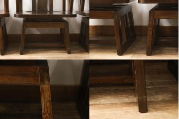 中古　唐木材　鉄刀木(タガヤサン)　ゆるやかに曲線を描く脚のデザインが魅力の囲炉裏ダイニングテーブル&ダイニングチェア4脚セット(食卓、4人掛け、4P、6人掛け、6P、板座チェア、椅子、イス、いす、木製火鉢、長火鉢)(R-065160)