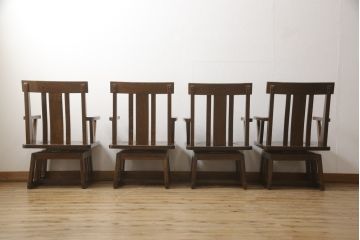 中古　唐木材　鉄刀木(タガヤサン)　ゆるやかに曲線を描く脚のデザインが魅力の囲炉裏ダイニングテーブル&ダイニングチェア4脚セット(食卓、4人掛け、4P、6人掛け、6P、板座チェア、椅子、イス、いす、木製火鉢、長火鉢)(R-065160)
