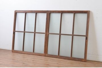 アンティーク建具　上手物!　古い木味の面取り桟ガラス窓2枚セット(ガラス戸、引き戸)(R-065265)