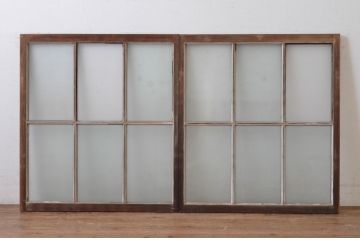 アンティーク建具　上手物!　古い木味の面取り桟ガラス窓2枚セット(ガラス戸、引き戸)(R-065265)